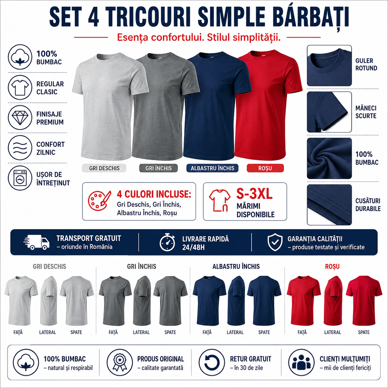 Set 4 tricouri bărbați 100% bumbac Basic alb gri &icirc;nchis albastru &icirc;nchis gri deschis S-3XL